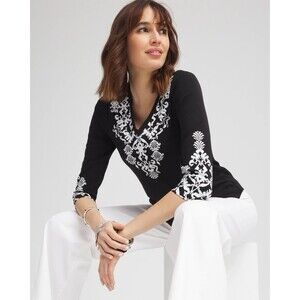 Chico's Ikat Pima 3/4 Sleeve Everyday Tee Size 2 L Black And White Scroll Print